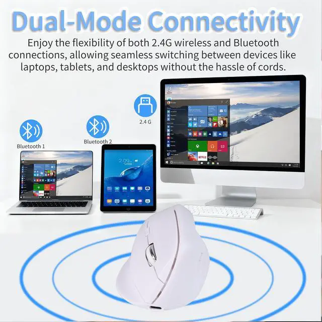 Alt view image 3 of 5 - KUYHRF Bluetooth Wireless Vertical Mouse - Ergonomic Design, Rechargeable with Type-C, Silent Operation for Office and Home Use, Ideal for Professionals & Students (White)