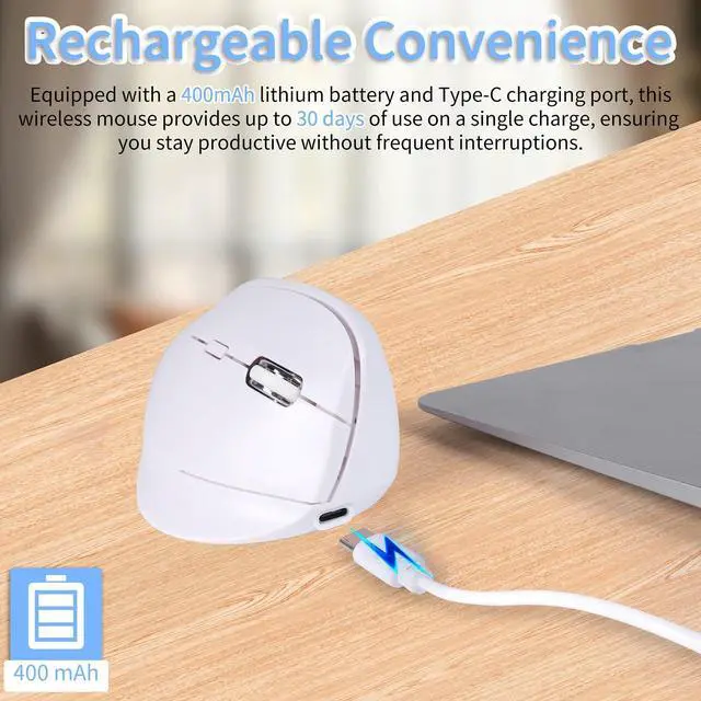 Alt view image 4 of 5 - KUYHRF Bluetooth Wireless Vertical Mouse - Ergonomic Design, Rechargeable with Type-C, Silent Operation for Office and Home Use, Ideal for Professionals & Students (White)