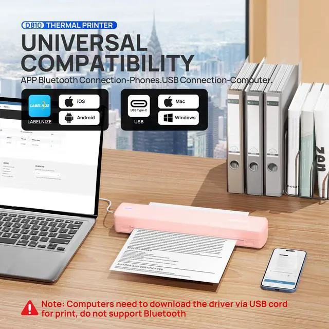Alt view image 2 of 5 - POLONO Portable Printer Wireless for Travel, D810 Bluetooth Thermal Printer Support for 8.5"x11" US Letter, Inkless Compatible with iOS, Android, Laptop for Office, Car and Home, Rose