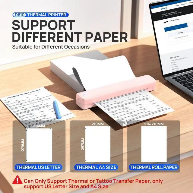 Alt view image 4 of 5 - POLONO Portable Printer Wireless for Travel, D810 Bluetooth Thermal Printer Support for 8.5"x11" US Letter, Inkless Compatible with iOS, Android, Laptop for Office, Car and Home, Rose