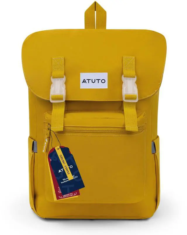 Main image of ATUTO Slim Vintage Backpack for Men and Women, Flap Backpack for Laptop till 16.5", Extra Padding, Durable Fabric (Mustard)