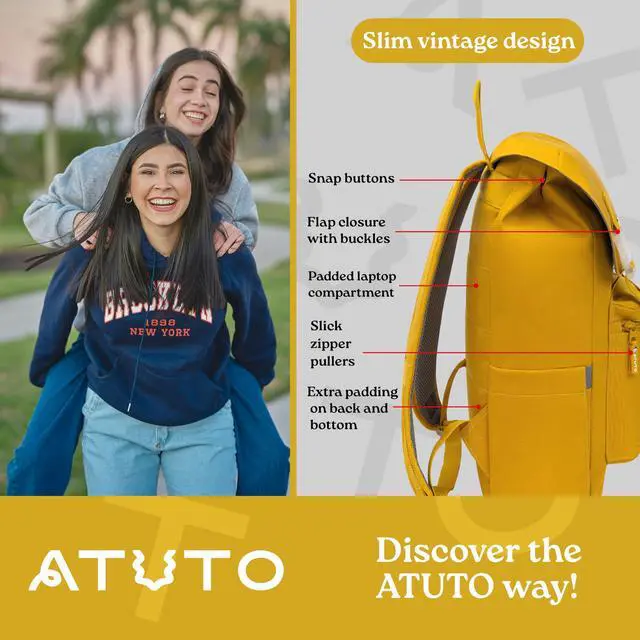 Alt view image 3 of 5 - ATUTO Slim Vintage Backpack for Men and Women, Flap Backpack for Laptop till 16.5", Extra Padding, Durable Fabric (Mustard)