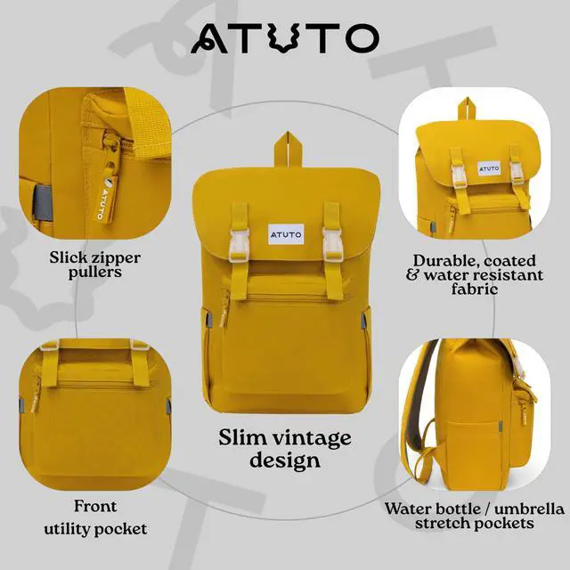 Alt view image 5 of 5 - ATUTO Slim Vintage Backpack for Men and Women, Flap Backpack for Laptop till 16.5", Extra Padding, Durable Fabric (Mustard)