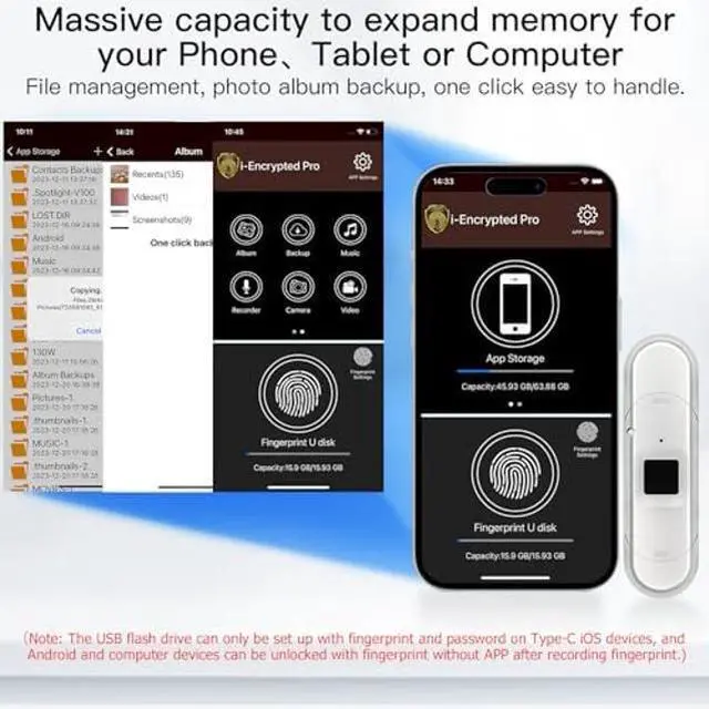 Alt view image 3 of 5 - USB3.0 Fingerprint Fast Flash Drive Encryption, Specially Designed for iOS Devices, Suitable for iphone15/15 pro/Android/MAC, Full Fingerprint 64G Encryption