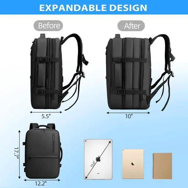 Alt view image 3 of 5 - JUNYRRYO Carry on Travel Backpack for Airplanes, 35L Suitcase Backpack Luggage Business Work Weekender Bag, TSA Laptop Backpack Flight Approved, Expandable Black Travel Backpack for Men Women