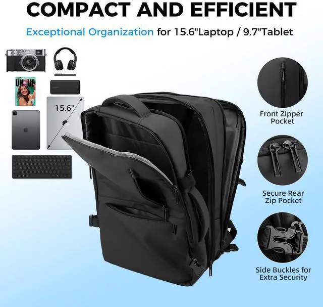 Alt view image 4 of 5 - JUNYRRYO Carry on Travel Backpack for Airplanes, 35L Suitcase Backpack Luggage Business Work Weekender Bag, TSA Laptop Backpack Flight Approved, Expandable Black Travel Backpack for Men Women