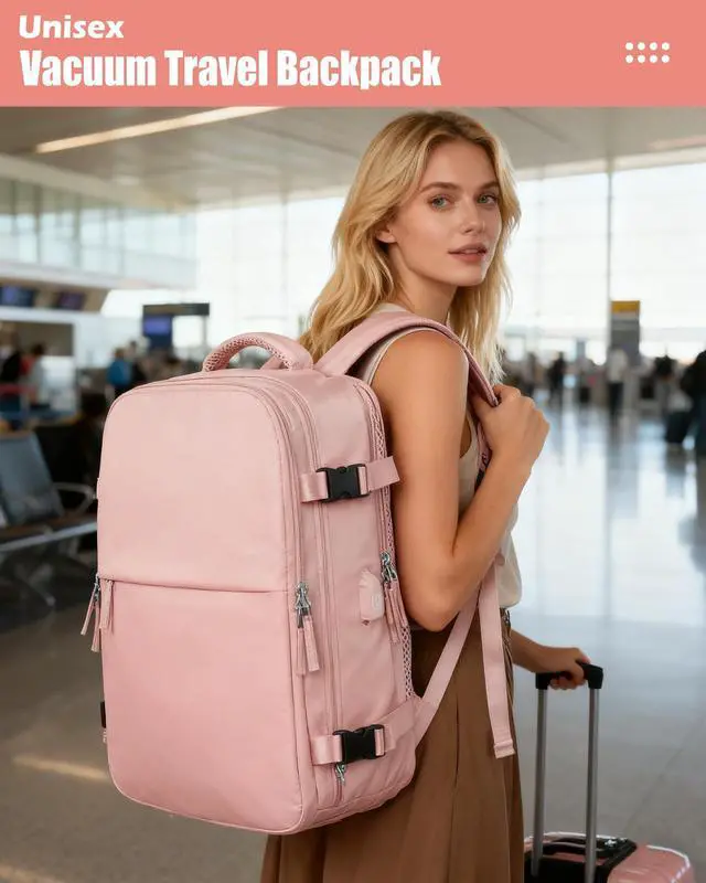 Alt view image 2 of 5 - Vacuum Seal Compression Travel Backpack for Women Men Air Backpack Vacpack Travel Vacuum Bags with Pump Laptop Backpack with Shoe Compartment Carry On Suitcase Luggage Flight Approved Pink