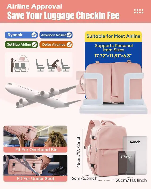 Alt view image 3 of 5 - Vacuum Seal Compression Travel Backpack for Women Men Air Backpack Vacpack Travel Vacuum Bags with Pump Laptop Backpack with Shoe Compartment Carry On Suitcase Luggage Flight Approved Pink