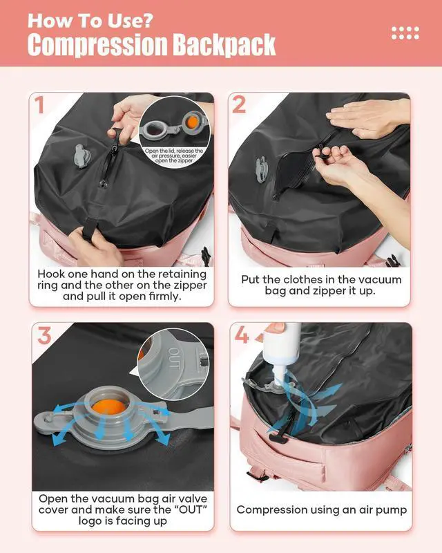 Alt view image 5 of 5 - Vacuum Seal Compression Travel Backpack for Women Men Air Backpack Vacpack Travel Vacuum Bags with Pump Laptop Backpack with Shoe Compartment Carry On Suitcase Luggage Flight Approved Pink