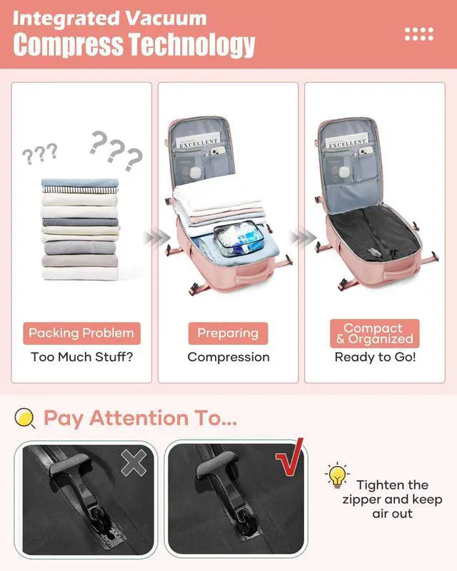 Alt view image 4 of 5 - Vacuum Seal Compression Travel Backpack for Women Men Air Backpack Vacpack Travel Vacuum Bags with Pump Laptop Backpack with Shoe Compartment Carry On Suitcase Luggage Flight Approved Pink