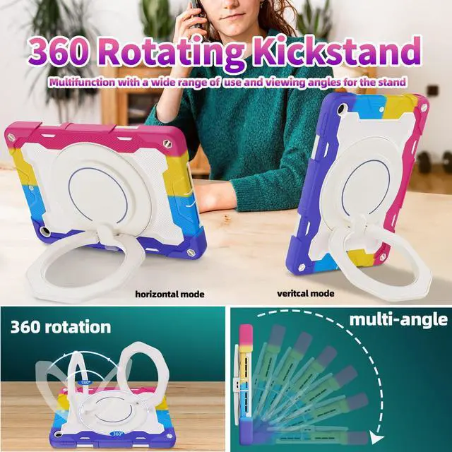 Alt view image 2 of 5 - ROISKIN Girls Case for iPad 10.2 inch iPad 9th/8th/7th Generation 2021/2020/2019 [15ft Drop Protection] 360 Kickstand Shoulder Strap Handle Pencil Holder Full Body Shockproof Case for Kids iPad 10.2