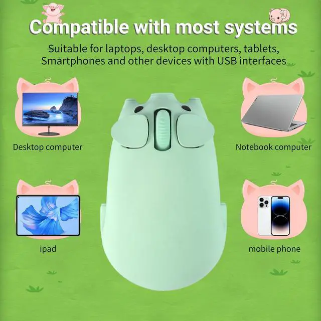 Alt view image 3 of 5 - elec Space Cute Pig Design Wireless Mouse Dual Mode Bluetooth & USB Mouse, Silent Operation, Ergonomic, Perfect for Laptops & PCs, Ideal Gift for Animal Lovers and Family(Green)