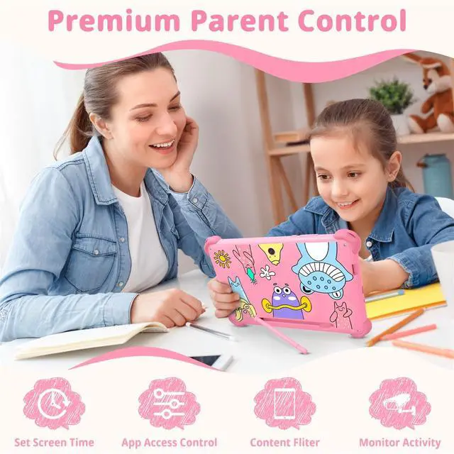 Alt view image 3 of 5 - okulaku Kids Tablet, 7 inch Tablets for Kids 3-12, Toddler Tablet with Stand Case, 32GB Child Learning Computer Tablets with WiFi for Boys Girls, IPS Screen, Parental Control, GMS, YouTube (Pink)
