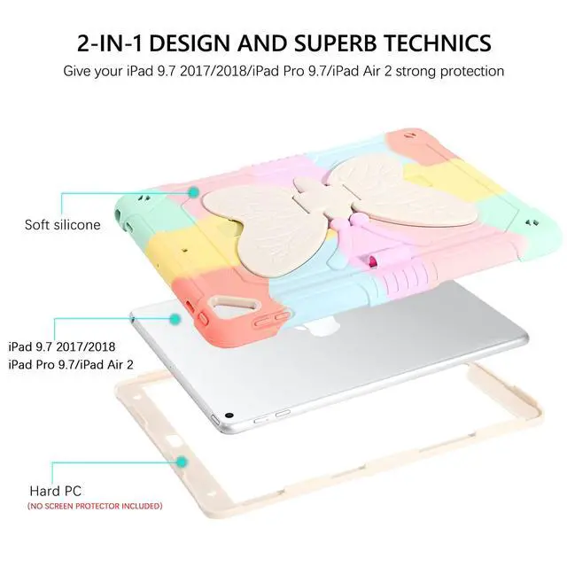 Alt view image 2 of 5 - GUAGUA Compatible for iPad Air 2, iPad 6th/5th Gen, iPad Pro 9.7 Case with Kickstand, 2 in 1 Rugged Shockproof Anti-Scratch Tablet Case with Pen Holder, Colorful