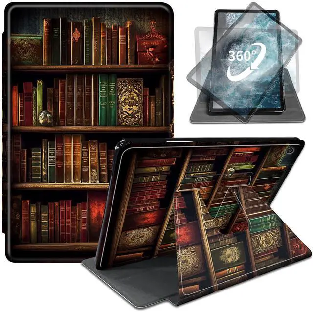 Main image of Case for All-New Amazon Fire HD 10 Tablet (13th Generation, 2023 Release),360 Degree Rotating Swivel Stand PU Leather Cover with Auto Wake SleepVintage Bookshelf