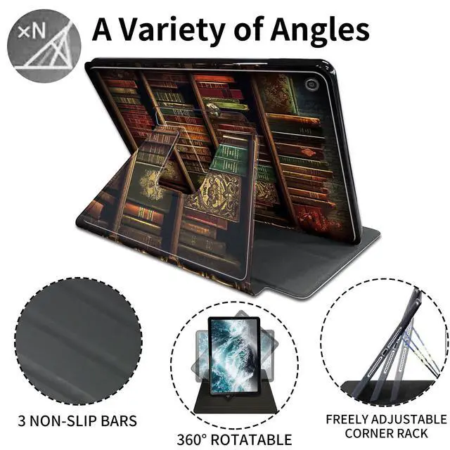 Alt view image 2 of 5 - Case for All-New Amazon Fire HD 10 Tablet (13th Generation, 2023 Release),360 Degree Rotating Swivel Stand PU Leather Cover with Auto Wake SleepVintage Bookshelf