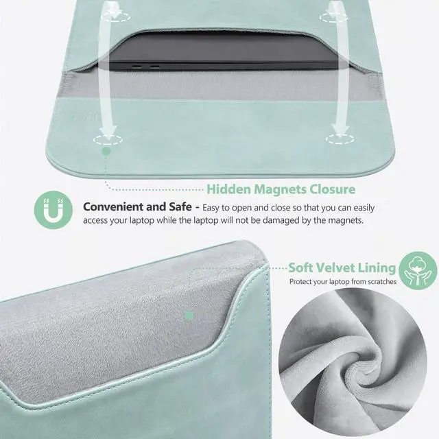 Alt view image 4 of 5 - HYZUO 15-16 Inch Laptop Sleeve for MacBook Pro 16 M4/M3/M2/M1 A3403 A3186 A2991 A2780 2025-2019, MacBook Pro 15 2015-2012 A1398, XPS 15, Faux Suede Leather Case with Accessory Bag, Mint Green