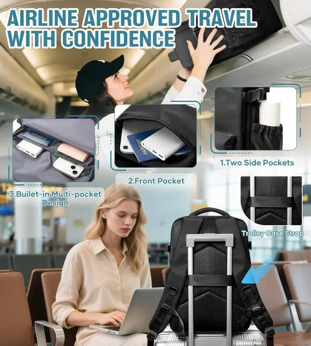 Alt view image 4 of 5 - Vacuum Travel Backpack with Pump Women Personal Item Carry on Vacpack Backpacks Flight Approved 18x14x8 inches Men Laptop Waterproof Work Compression bags Casual Daypack Black Vacuum seal backpack