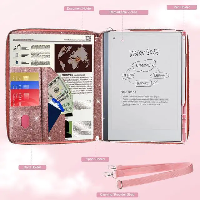 Alt view image 4 of 5 - E NET-CASE Glittering PU Leather Case for Remarkable 2 Tablet 10.3 inch (2020 Released), Business Handheld Design Cover for Remarkable 2 Digital Paper with Zipper & Pen Holder (Starry Night Pink)