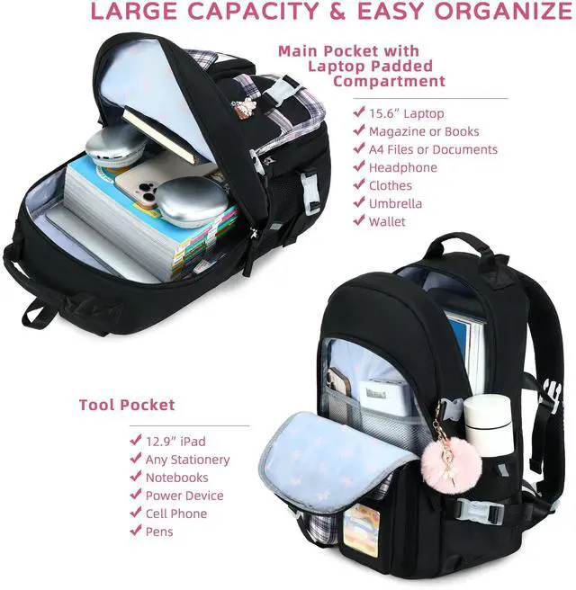 Alt view image 4 of 5 - KIDNUO Backpack for Girls, 15.6 Inch Laptop School Bag Kids Kindergarten Elementary College Backpacks Large Bookbags for Teen Girl Women Students Casual Travel Daypacks (Black)