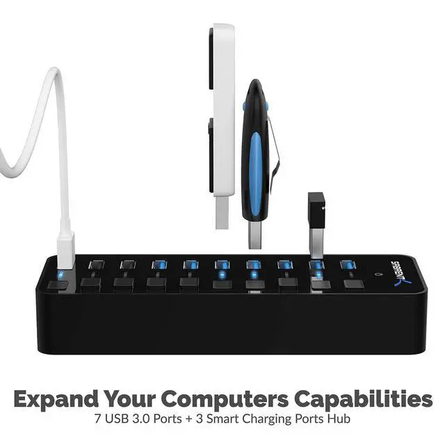 Alt view image 2 of 5 - 60W 10 Port USB 3.0 Hub Includes 3 Smart Charging Ports with Individual Power Switches and LEDs and 60W 12V/5A Power Adapter+USB External Stereo Sound Adapter for Windows and Mac. Plug and Play No Dr