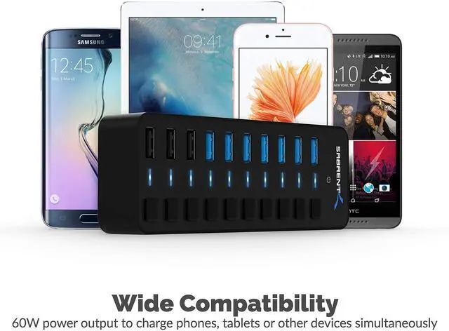 Alt view image 4 of 5 - 60W 10 Port USB 3.0 Hub Includes 3 Smart Charging Ports with Individual Power Switches and LEDs and 60W 12V/5A Power Adapter+USB External Stereo Sound Adapter for Windows and Mac. Plug and Play No Dr