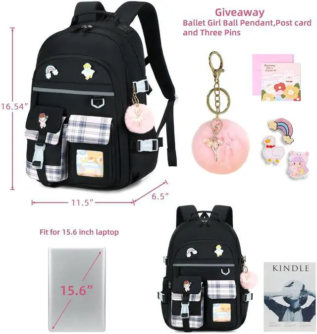 Alt view image 3 of 5 - KIDNUO Backpack for Girls, 15.6 Inch Laptop School Bag Kids Kindergarten Elementary College Backpacks Large Bookbags for Teen Girl Women Students Casual Travel Daypacks (Black)