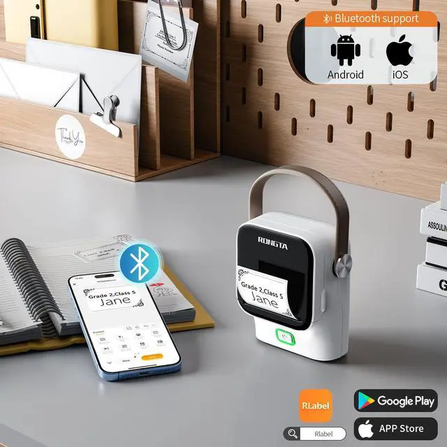 Alt view image 2 of 5 - Rongta Bluetooth Label Maker Machine with Tape,Portable Wireless Labeler Machine,Handheld Sticker Maker for Barcode Labels,Home School Supplies,USB Rechargeable,Compatible with iOS/Android, White