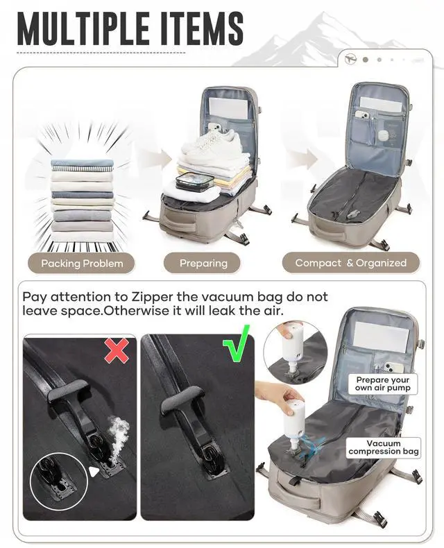 Alt view image 3 of 5 - Vacuum Backpack with Pump for Women Men, Compression Backpack for Travel, Vacpack for School Business Trip, Lightweight Airback Backpacks with Vacuum Seal, Carry On Bag for Airport( Gray Brown Large)