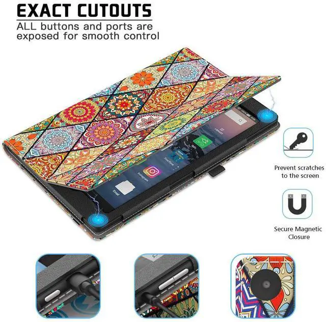 Alt view image 5 of 5 - VORI Case for Amazon Fire HD 10 Tablet (9th/7th/5th Generation,2019/2017/2015 Release), Folio Folding Smart Stand Cover with Hand Strap and Auto Wake/Sleep for Fire 10.1 Inch, Mandala Flowers