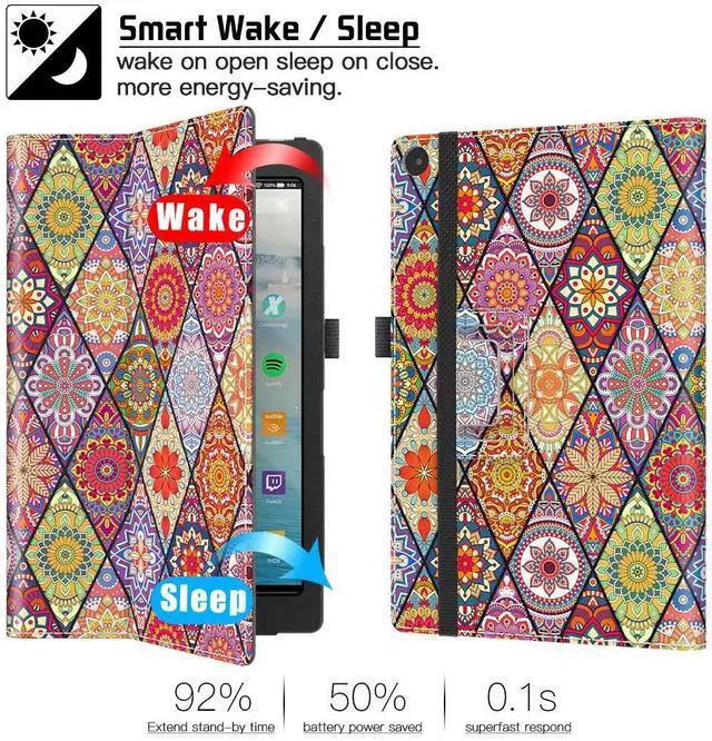 Alt view image 3 of 5 - VORI Case for Amazon Fire HD 10 Tablet (9th/7th/5th Generation,2019/2017/2015 Release), Folio Folding Smart Stand Cover with Hand Strap and Auto Wake/Sleep for Fire 10.1 Inch, Mandala Flowers