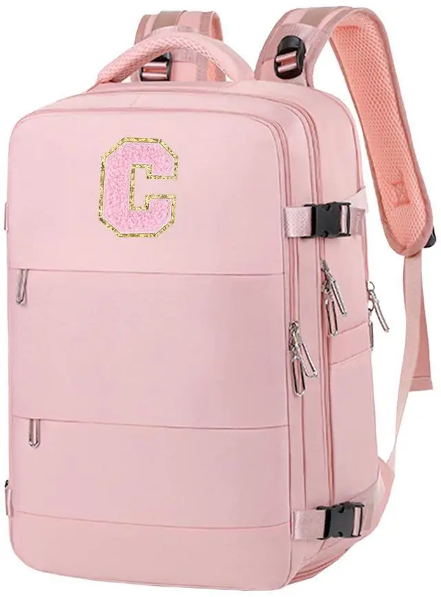 Main image of CALLPIONEER Travel Backpack for Women Personalized Initial Carry on Backpack for Airplanes with USB Port & Shoe Compartment TSA Flight Approved Versatile for Work Hiking Weekender Trips (Pink-C)