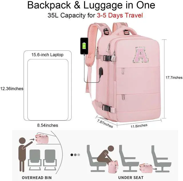 Alt view image 2 of 5 - CALLPIONEER Travel Backpack for Women Personalized Initial Carry on Backpack for Airplanes with USB Port & Shoe Compartment TSA Flight Approved Versatile for Work Hiking Weekender Trips (Pink-C)