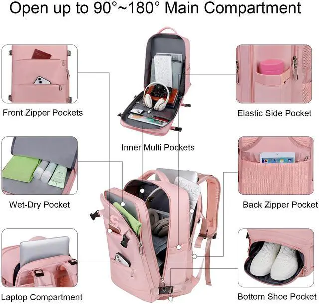 Alt view image 3 of 5 - CALLPIONEER Travel Backpack for Women Personalized Initial Carry on Backpack for Airplanes with USB Port & Shoe Compartment TSA Flight Approved Versatile for Work Hiking Weekender Trips (Pink-C)
