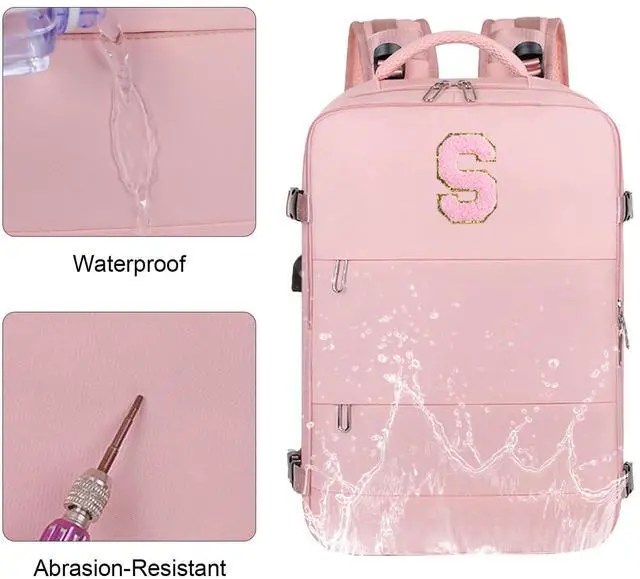 Alt view image 5 of 5 - CALLPIONEER Travel Backpack for Women Personalized Initial Carry on Backpack for Airplanes with USB Port & Shoe Compartment TSA Flight Approved Versatile for Work Hiking Weekender Trips (Pink-C)