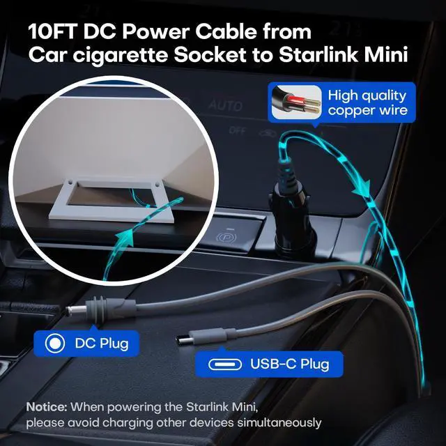 Alt view image 5 of 5 - Edihia Starlink Mini Car Adapter 3-in-1 Cable  USB-C, DC & Cigarette Lighter, Waterproof Replacement for Starlink Mini (16.4FT)