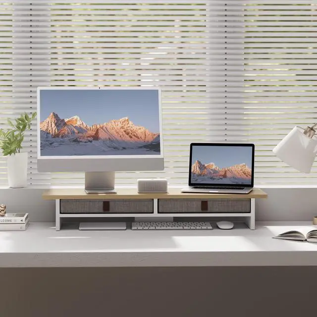 Alt view image 2 of 5 - Fenge Monitor Stand with Drawer, 2 Tiers Dual Monitor Riser for Desk, 35 Inch Computer Stand for 2 Monitors, Desk Shelf for Home, Office, Laptop, PC, TV, Printer