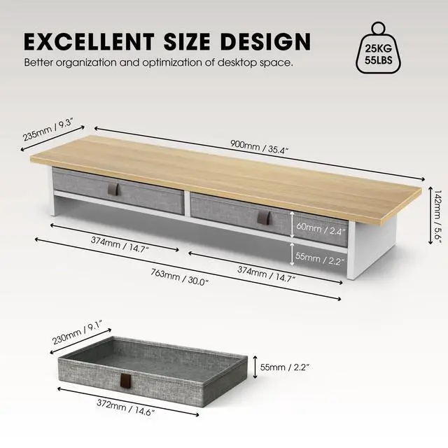 Alt view image 3 of 5 - Fenge Monitor Stand with Drawer, 2 Tiers Dual Monitor Riser for Desk, 35 Inch Computer Stand for 2 Monitors, Desk Shelf for Home, Office, Laptop, PC, TV, Printer