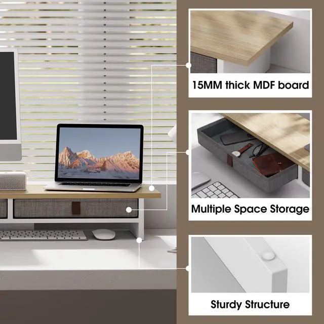 Alt view image 5 of 5 - Fenge Monitor Stand with Drawer, 2 Tiers Dual Monitor Riser for Desk, 35 Inch Computer Stand for 2 Monitors, Desk Shelf for Home, Office, Laptop, PC, TV, Printer