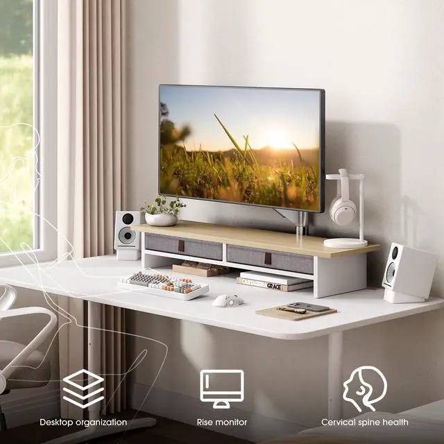 Alt view image 4 of 5 - Fenge Monitor Stand with Drawer, 2 Tiers Dual Monitor Riser for Desk, 35 Inch Computer Stand for 2 Monitors, Desk Shelf for Home, Office, Laptop, PC, TV, Printer