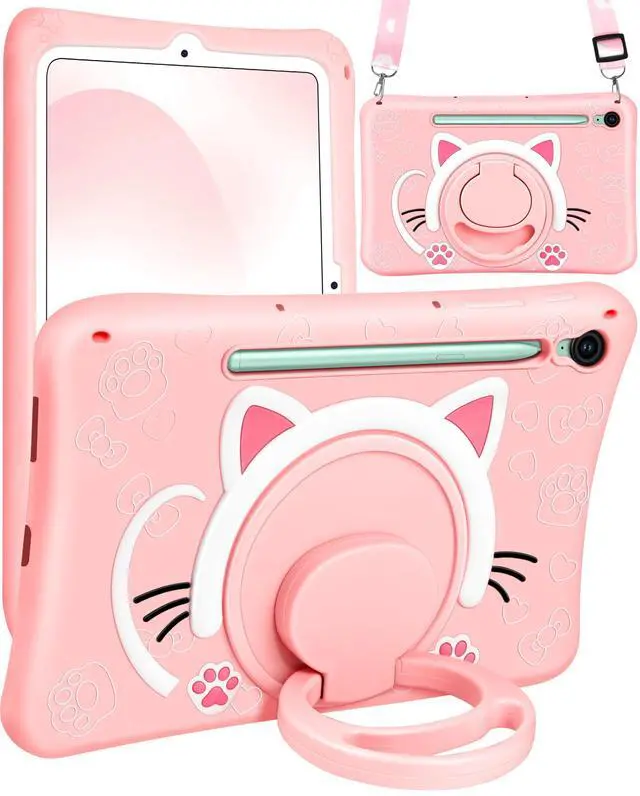Main image of Wazzasoft for Galaxy Tab S10 FE/S9 FE Case 10.9 Inch - Girls Cute Cat Kitten 3D Cartoon Women Soft Silicone Tablet Cover for Samsung Galaxy S9 FE with Rotating Stand & Strap Funda para Tab S10 FE 5G
