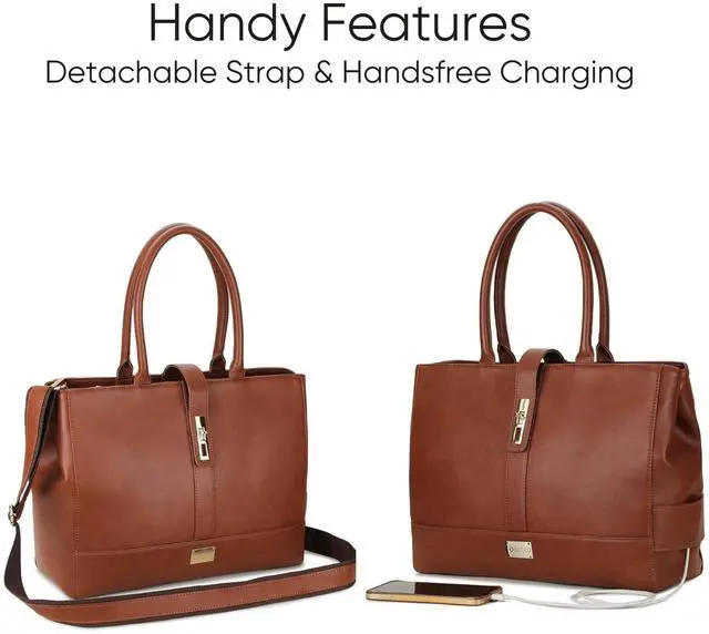 Alt view image 4 of 5 - RASHKI SARA Women Tote bag 15.6 Laptop Messenger Bag Office Bag College Bag Vegan Leather (Tan)