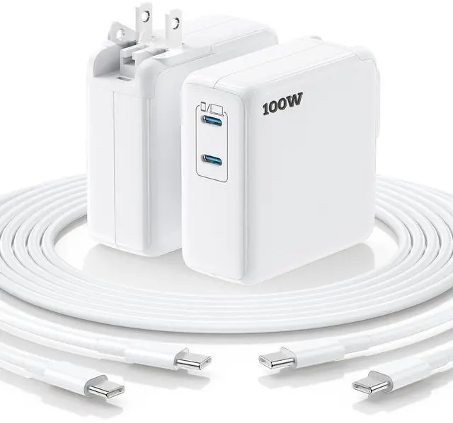 Main image of Essri MacBook Pro Charger,100W USB C Charger 2Pack with Foldable Plug,Dual 65W Ports Fast Charging for MacBook Pro Air,iPad Pro,iPhone 17/16/15,Includes 6FT+10FT USB C to C Cables - White