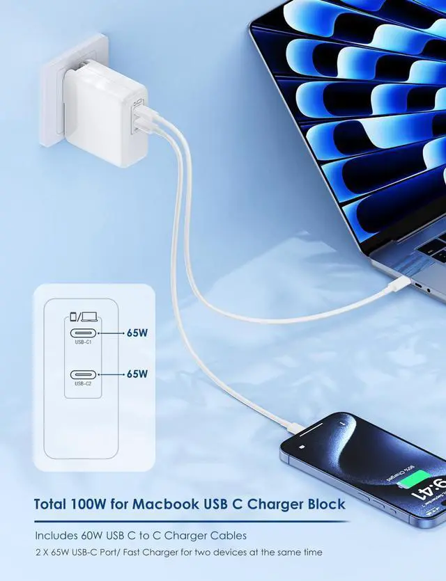 Alt view image 2 of 5 - Essri MacBook Pro Charger,100W USB C Charger 2Pack with Foldable Plug,Dual 65W Ports Fast Charging for MacBook Pro Air,iPad Pro,iPhone 17/16/15,Includes 6FT+10FT USB C to C Cables - White