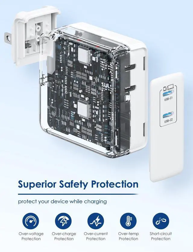 Alt view image 4 of 5 - Essri MacBook Pro Charger,100W USB C Charger 2Pack with Foldable Plug,Dual 65W Ports Fast Charging for MacBook Pro Air,iPad Pro,iPhone 17/16/15,Includes 6FT+10FT USB C to C Cables - White