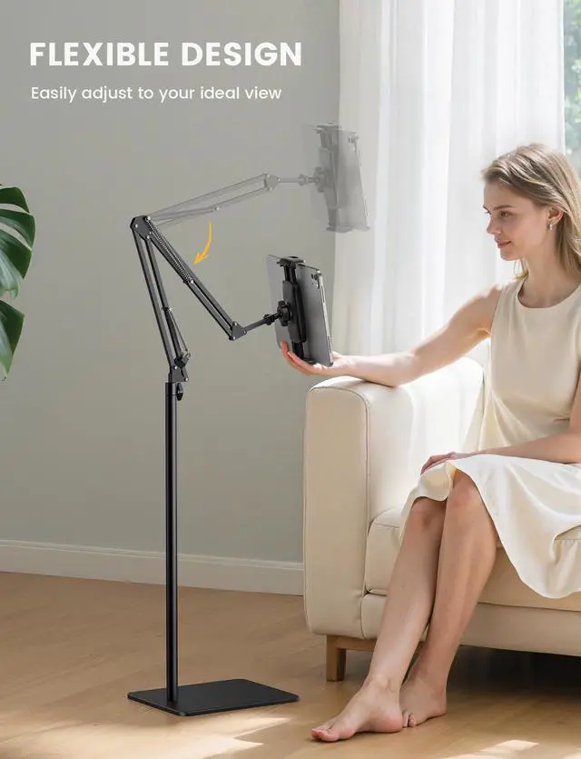 Alt view image 2 of 5 - Floor Tablet Stand Phone Holder - Lamicall [55" Height Adjustable][ Flexible Arm] Multi Angle Tablet Holder, 5lb Weighted Base Bed Mount For 4.7-13" Devices, iPad Pro Air Mini, Kindle, Tabs, E-Readers