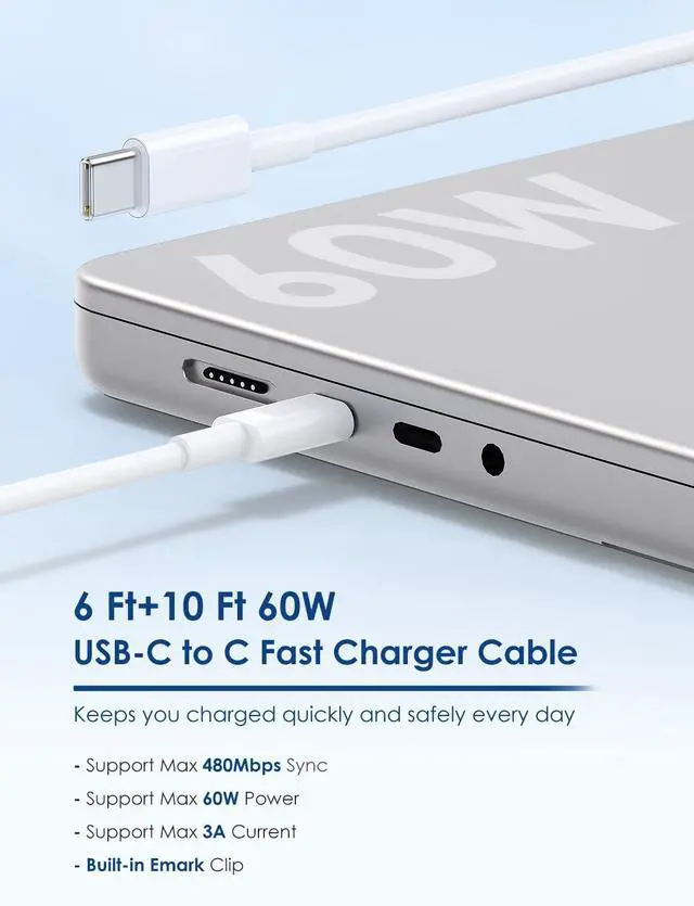 Alt view image 5 of 5 - Essri MacBook Pro Charger,100W USB C Charger 2Pack with Foldable Plug,Dual 65W Ports Fast Charging for MacBook Pro Air,iPad Pro,iPhone 17/16/15,Includes 6FT+10FT USB C to C Cables - White