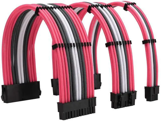 Main image of Formulamod Sleeve Extension Power Supply Cable Kit 18AWG (1) ATX 24P+ (1) EPS 8-P+ (2) PCI-E8-P with Combs for PSU to Motherboard/GPU (Pink Grey White)