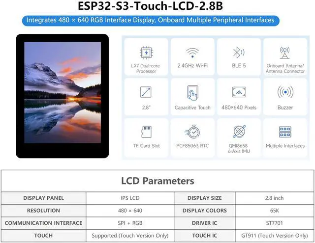 Alt view image 2 of 5 - ESP32-S3 2.8inch Capacitive Display Development Board, ESP32 with 2.8inch IPS Touch Screen 480x640 Resolution, 32-bit LX7 Dual-Core Processor, SPI + RGB Interface, Supports WiFi & Bluetooth