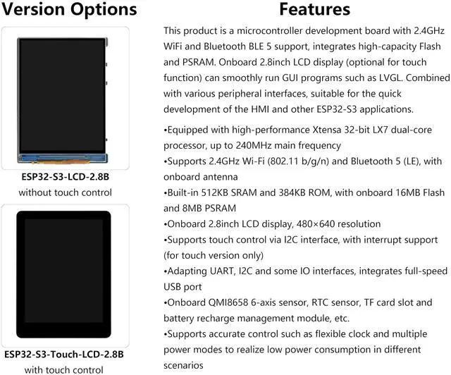 Alt view image 3 of 5 - ESP32-S3 2.8inch Capacitive Display Development Board, ESP32 with 2.8inch IPS Touch Screen 480x640 Resolution, 32-bit LX7 Dual-Core Processor, SPI + RGB Interface, Supports WiFi & Bluetooth